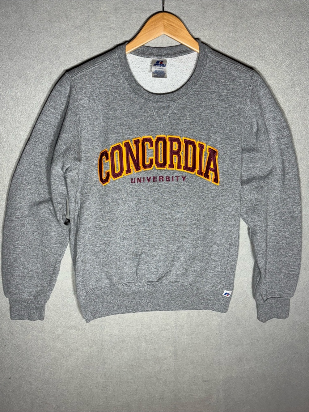 Russell Athletic Gray Crewneck Sweatshirt with Maroon and Gold Concordia Logo
